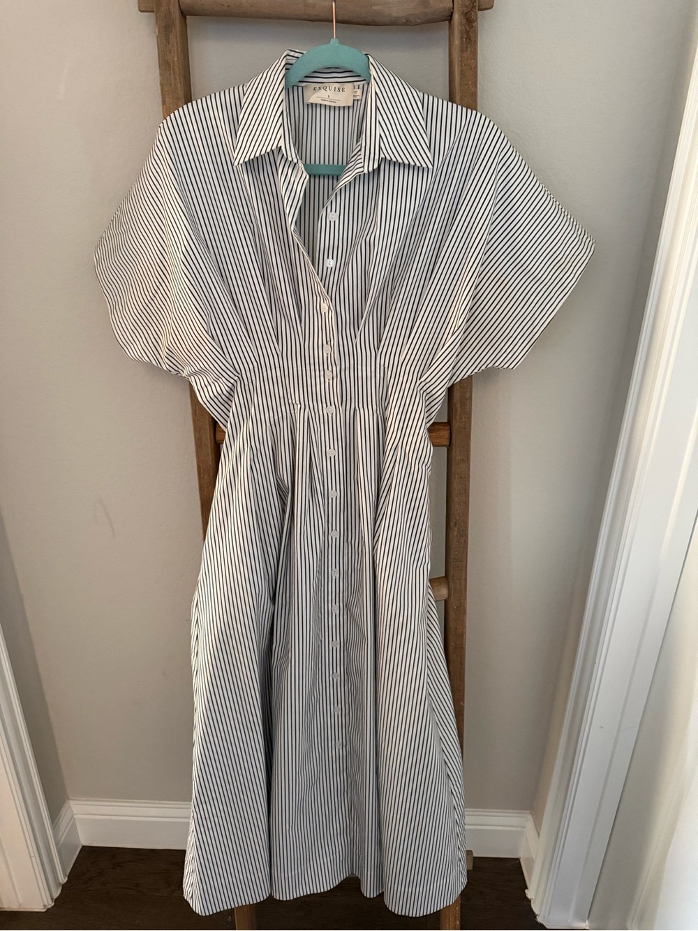 Anthropologie White and Navy Striped Midi Shirt Dress